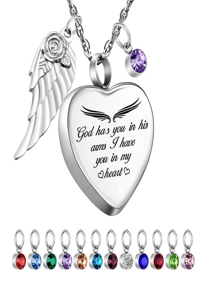 Dletay Heart Urn Necklace for Ashes Cremation Jewelry for Ashes with 12 Birthstones Ashes Necklace with Angel Wing Charm -God Has You in His Arms, I Have You in My Heart - Image 1